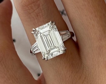HUGE 8 Carat Emerald Cut Lab Grown Diamond IGI Certified Three Stone Ring with Double Tapered Baguettes in Platinum: Available also in Gold