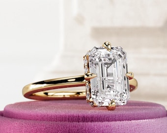 2.5 Carat Emerald Cut Lab Grown Diamond Kite Set Engagement Ring / Hidden Halo Claw Prongs 14k Gold Compass Set Ring / E VVS2 IGI Certified