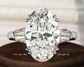 5 Carat Oval Lab Grown Diamond Three Stone Ring / Oval & Tapered Baguettes 3 Stone Ring / Luxury Trilogy Elegant Classic Engagement Ring