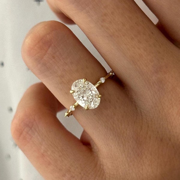 1.5 Carat Oval Lab Grown Diamond Ring / 1.5 CT Oval Diamond Thin Engagement Ring / Nature Inspired 14k Gold Elongated Oval Diamond E VVS2