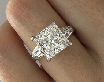 4 Carat E VS1 Princess Cut Lab Grown Diamond Three Stone Engagement Ring / Tapered Baguettes Triad / Trilogy Ring / Platinum 3 Stone Ring