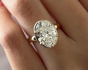 5 Carat Oval Cut Lab Grown Diamond Bezel Prong Set Georgian Engagement Ring / 14k Yellow Gold Unique Solitaire Ring / Flush Fit