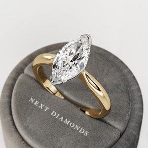 1.5 Carat Marquise Lab Created Diamond Engagement Ring / Yellow and White Gold Solitaire Ring / VS1/F+ Marquise Cut Diamond / Tapered Shank