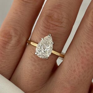 2 Carat Pear Cut E VVS2 Lab Grown Diamond Hidden Halo Engagement Ring / 14k Gold Two Tone Proposal Ring / Low Set 5 Prong Pear Diamond Ring