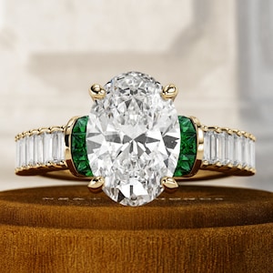 3 Carat Oval Lab Grown Diamond Art Deco Engagement Ring / 14K Yellow Gold Emeralds and Diamonds Wedding Ring / Unique Vintage Diamond Ring