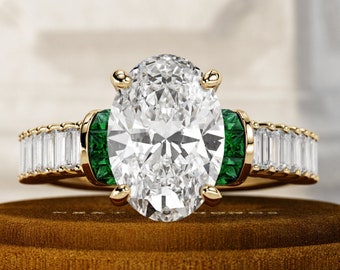 3 Carat Oval Lab Grown Diamond Art Deco Engagement Ring / 14K Yellow Gold Emeralds and Diamonds Wedding Ring / Unique Vintage Diamond Ring