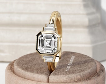 2 CT Asscher Cut Lab Grown Diamond Ring / Asscher Cut and Baguette Diamonds / Art Deco Ring / Bezel Engagement Ring / Yellow Gold Bezel Ring