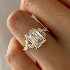 2.5 Carat Emerald Cut E VVS2 Lab Grown Diamond Engagement Ring / 14k Gold Twig and Leaf Nature Inspired Proposal Ring / Branch Boho Ring