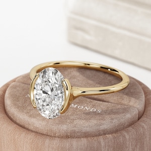 2 Carat Oval Lab Grown Diamond Ring / Half Bezel Set Engagement Ring / Unique Oval Ring / Oval Solitaire Ring / Cathedral Diamond Ring