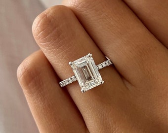3 Carat Emerald Cut Lab Grown Diamond Pave Engagement Ring / White Gold 4 Round Prong Emerald Shape CVD Diamond Bridal Ring / IGI Certified