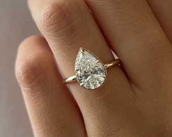 2 Carat Pear Cut Diamond Engagement Ring / Edge Halo Pear Shape Lab Grown Diamond Ring / 14K Gold Pear Engagement Ring / Pear Halo Ring