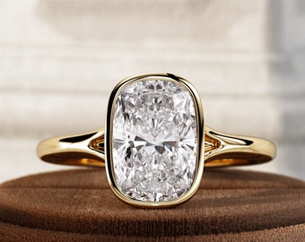 2 Carat Elongated Cushion Lab Created Diamond Bezel Set Ring / Split Shank Cathedral Engagement Ring / Elongated CVD Diamond Art Deco Ring