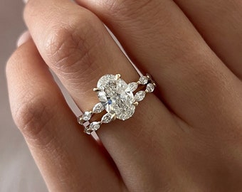 2 Carat Oval Lab Grown Diamond Thin Bridal Set / Marquise Band Diamond Engagement Ring Set / E VS1 IGI Certified Elongated Oval Diamond