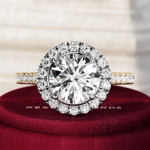 2 Carat Round Brilliant Diamond Halo Cathedral Engagement Ring / 2ct E VVS2 Lab Grown Diamond / Two Tone Wedding Ring / Flush Fit High Set