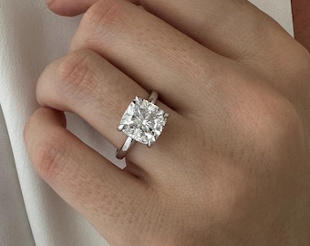 4 Carat Cushion Lab Grown Diamond Engagement Ring / 4CT Flush Fit 2.5MM CVD Diamond Ring / 14k 18k White Gold or Platinum Solitaire Ring