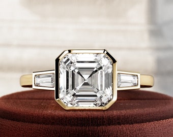 2 Carat Asscher Cut Lab Grown Diamond Ring / Baguette Diamonds / Three Stone Art Deco Diamond Ring / 14k Gold Bezel Ring  / 3 Stone Ring