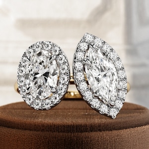 2 Carat E VVS2 Toi et Moi Halo Marquise and Oval Lab Grown Diamond Ring / Two Tone Ring / Halo Oval and Marquise Two Stone Diamond Ring