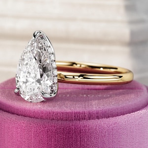 2 Carat Pear Shape E VVS2 Lab Diamond Hidden Halo Engagement Ring / Lotus Floral Anniversary Ring / Flush Fit / Two Tone Yellow Gold Ring
