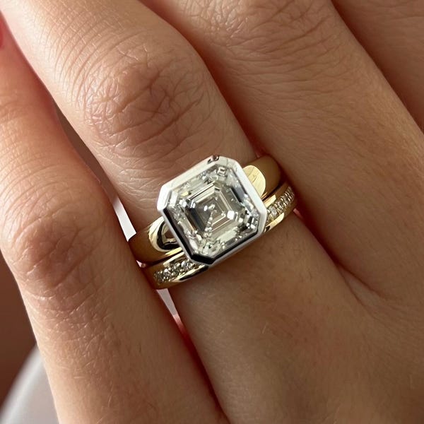 3 karaat Asscher geslepen E VVS2 Lab Grown diamant UNIEKE bezel set verlovingsring set/massieve 14k tweekleurige bruids set/dikke ring