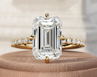 4 CT Emerald Cut Lab Diamond Art Deco Engagement Ring / High Set Emerald Lab Grown Diamond Ring / Platinum Micro Pave Shank / Compass Prongs