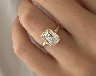 3 Carat Emerald Cut E VVS2 Lab Grown Diamond Bezel Set Solitaire Ring / Art Deco Emerald Diamond Ring / 14k Gold Cathedral Engagement Ring