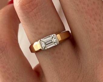 1 Carat Emerald Cut E VVS2 Lab Grown Diamond Half Bezel Ring / Low Set Two Tone Solitaire Ring / 14k Gold Cigar Band Engagement Ring / 18K
