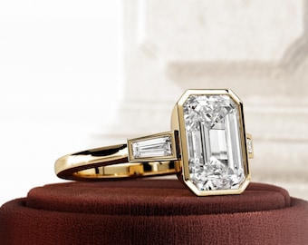 2 Carat Emerald Cut F VVS2 Lab Grown Diamond 3 Stone Engagement Ring / Tapered Baguette Diamonds / Three Stone Art Deco Bezel Set Ring