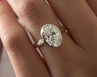 2 Carat Oval E VVS2 Lab Grown Diamond Prong Bezel Set Art Deco Engagement Ring: Two Tone Flush Fit Flush Fit Solitaire Ring