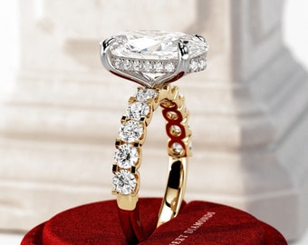 5 Carat Oval Lab Grown Diamond Hidden Halo Wedding Ring / Two Tone Shared Prong Half Eternity Engagement Ring / Elongated Diamond Ring VS1 F