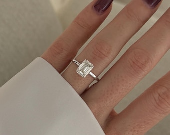 2 Carat Emerald Cut E VVS2 Lab Diamond Engagement Ring / 14k White Gold Flush Fit Unique Hidden Halo Diamond Ring / High Set 18k White Gold