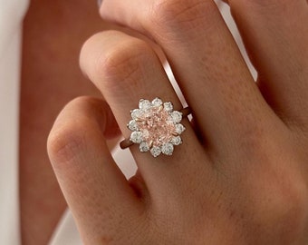 3 Carat Elongated Cushion Fancy Intense Pink Lab Grown Diamond Diana Ring / Floral Engagement Ring / Cushion Cut Pink Diamond Halo Ring