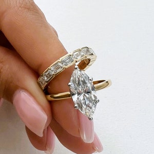 Yellow Gold Bridal Set-  2 CT Marquise Lab Grown Diamond Hidden Halo Engagement Ring  and 2.5ct Emerald Cut Bezel Set Eternity Band