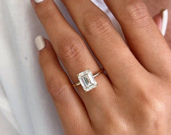 3 Carat Emerald Cut Lab Grown Diamond Solitaire Ring / VVS2-F IGI Certified / Dainty 3CT Emerald Diamond Thin Engagement Ring / 1.4MM Band
