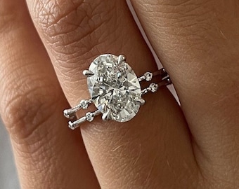 2.5 Carat Oval Lab Grown E VVS2 Diamond Bridal Set / Thin Engagement Ring / 14K White Gold Dainty Engagement Ring Set / Elongated Oval