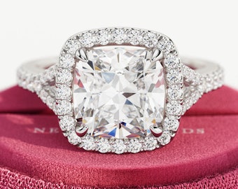 3 Carat Cushion Cut E VVS2 Lab Grown Diamond Engagement Ring / 14k White Gold Vintage Style Engagement Ring / Halo Antique Cathedral Ring