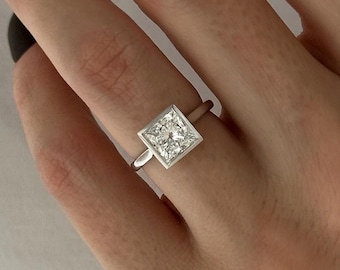2 Carat Princess Cut E VVS2 Lab Diamond Solitaire Ring / Bezel Set Princess Cut Diamond Engagement Ring in White Gold / High Set Ring