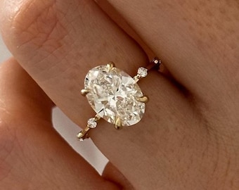 3 Carat Oval D VVS2 Lab Grown Diamond Nature Inspired Engagement Ring in 14k Gold / Dainty Thin 3ct Oval Diamond Ring / 4 Claw Prong Set