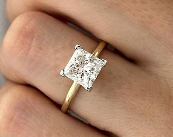 2.5 Carat Princess Cut Lab Grown Diamond E VS1 Solitaire Ring / Two Tone Platinum Prongs Ring / Unique V Prong Prongs / Classic Diamond Ring
