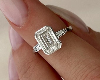 2 Carat Emerald Cut E VVS2 Lab Grown Diamond Art Deco Ring / 14k White Gold Emerald & Tapered Baguette Three Stone Ring / 3 Stone Bezel Ring