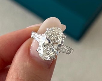 HUGE 6 Carat F VS1 Lab Diamond Three Stone Ring in 18k White Gold / Platinum 3 Stone Engagement Ring with Tapered Baguette / Platinum