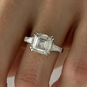 4 Carat Asscher Cut E VVS2 Lab Diamond Ring / Asscher Cut & Tapered Baguettes Three Stone Ring / 3 Stone Engagement Ring 14k 18k White Gold
