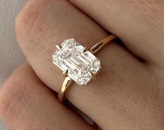 3 Carat Emerald Cut Lab Grown Diamond Kite Set Engagement Ring / Hidden Halo 14k Gold Compass Set Ring / E VVS2 IGI Certified Art Deco