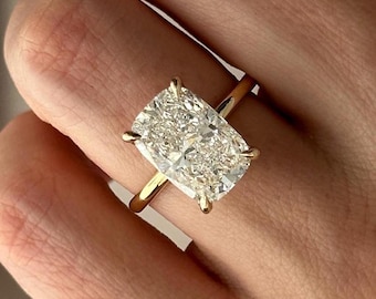 HUGE 5 Carat Elongated Cushion Lab Diamond Flush Fit Engagement Ring / 14k Yellow Gold Thin Engagement Ring / Minimalist Diamond Ring
