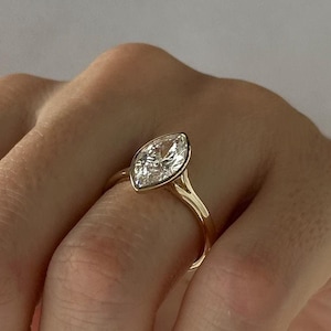 2 Carat Marquise Lab Created Diamond Bezel Set Ring / Split Shank Engagement Ring / 14k Gold Cathedral Solitaire Ring / E VVS2 IGI Certified