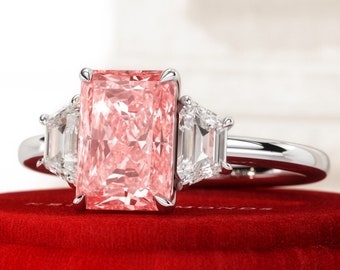 2 Carat Fancy Vivid Pink Radiant Cut Lab Diamond Engagement Ring / Lab Grown Pink Diamond / 3 Stone Diamond Ring / Trapezoid Side Diamonds