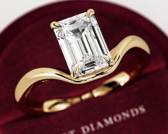 2 Carat Emerald Cut E VVS2 Lab Grown Diamond Nested Solitaire Ring / Unique Curved Basket Low Set Engagement Ring in 14k Yellow Gold / 2CT