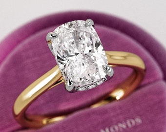 2 Carat Elongated Cushion E VS1 Lab Grown Diamond Floral Lotus Ring / Hidden Halo Two Tone Engagement Ring / Flush Fit Proposal 2CT Ring