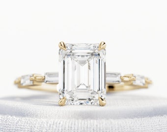 2.5 Carat Emerald Cut Lab Grown Diamond Ring / Yellow Gold Art Deco Ring / Emerald Cut Diamond Ring / Thin Band / Emerald and Baguette Cut