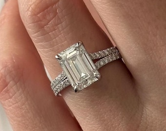 3.5 Carat Emerald Cut Lab Grown Diamond Split Shank Engagement Ring in White Gold / Pave and Hidden halo E VVS2 Lab Diamond Unique Ring
