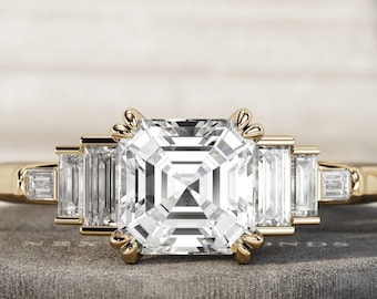 2 Carat E VVS2 Asscher Cut 14K Gold Art Deco Ring / Baguette Diamonds / Asscher and Baguette Cut Diamonds / Step Cut Diamond Ring